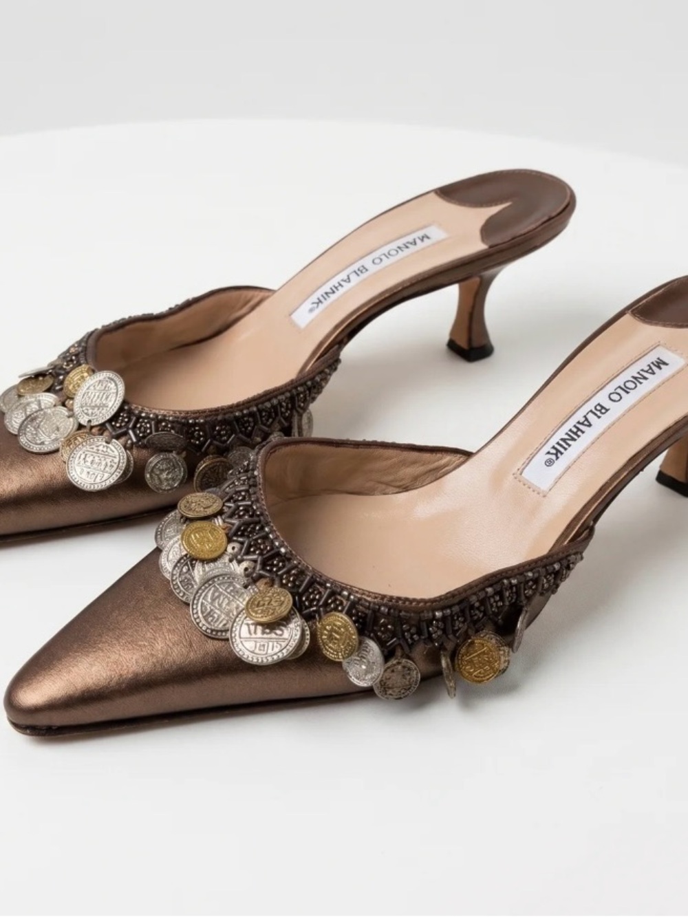 Manolo Blahnik Bronze Metallic Coin-Trim Pointed Mules 38/7.5